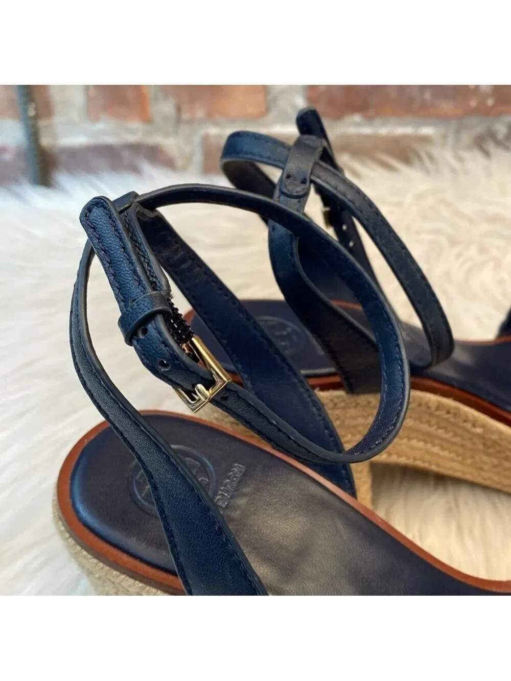 Tory Burch Roselle Navy Laser Cut Leather Platform Espadrille Sandals, Size 10.5